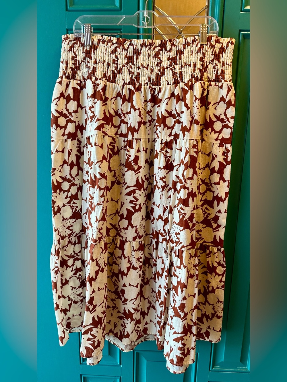 Universal Thread Floral Tiered Midi Skirt Smocked High Waist Brown Cream XXL
